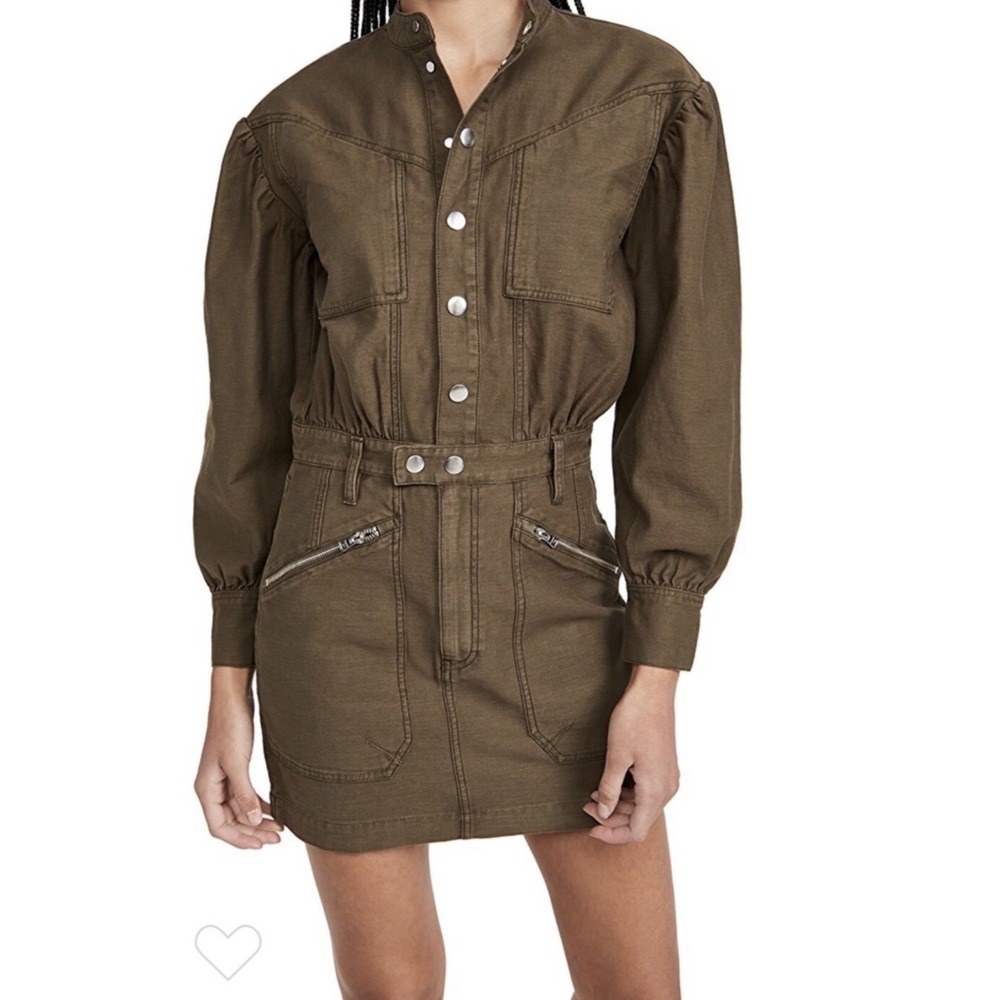FRAME Washed Army Green Cotton Utility Mini Dress Western Snap Front Small